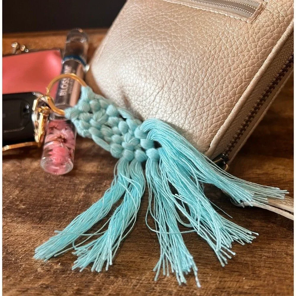 Teal Macrame Tassel Keychain Boho Bag Charm Purse Clip Handmade NWT
